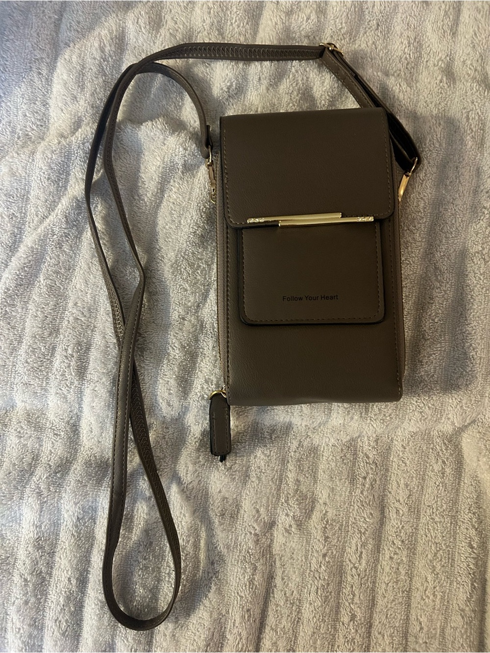 Brown Faux-Leather Crossbody Phone Bag with Gold Accent